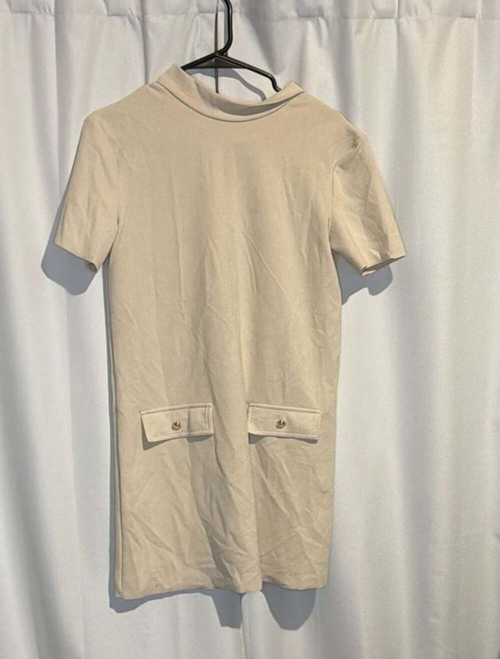 Zara Short Sleeve Mini Dress Size S Beige Mock Neck Pockets